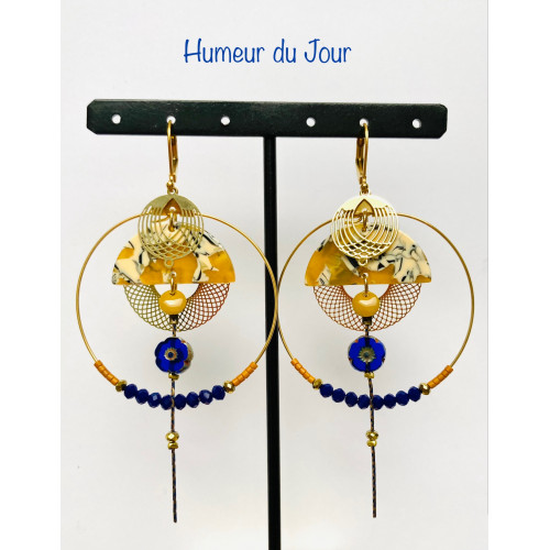 Créoles "Bonne Humeur" Joséphine moutarde et bleues