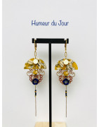 Dormeuses "Bonne Humeur" "Volutes" moutarde et bleues