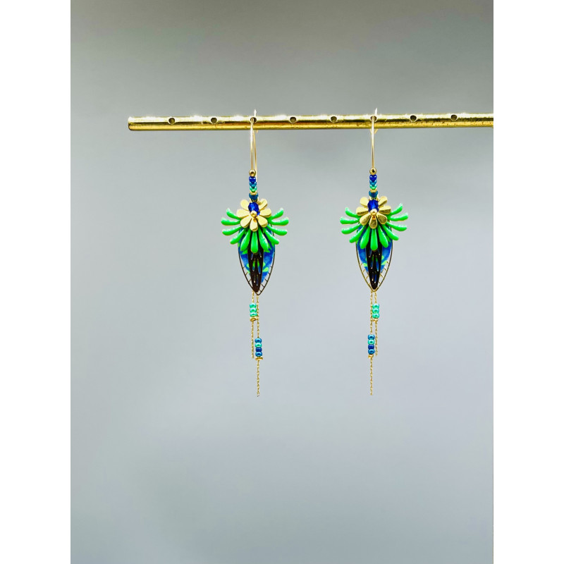 Créoles "Fleurs Indiennes" vertes et bleues Créoles "Fleurs Indiennes" vertes et bleues