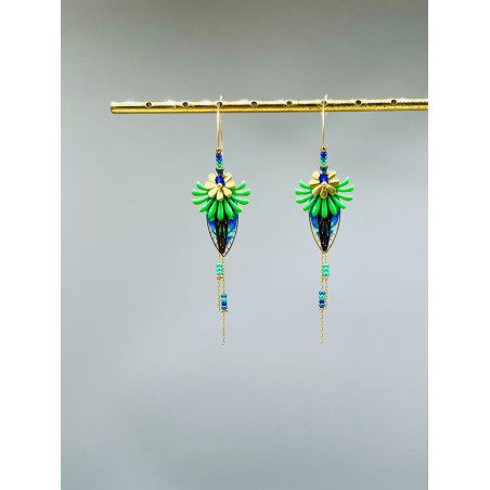 Créoles "Fleurs Indiennes" vertes et bleues