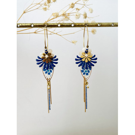 Créoles "Fleurs Indiennes" bleues et blanches