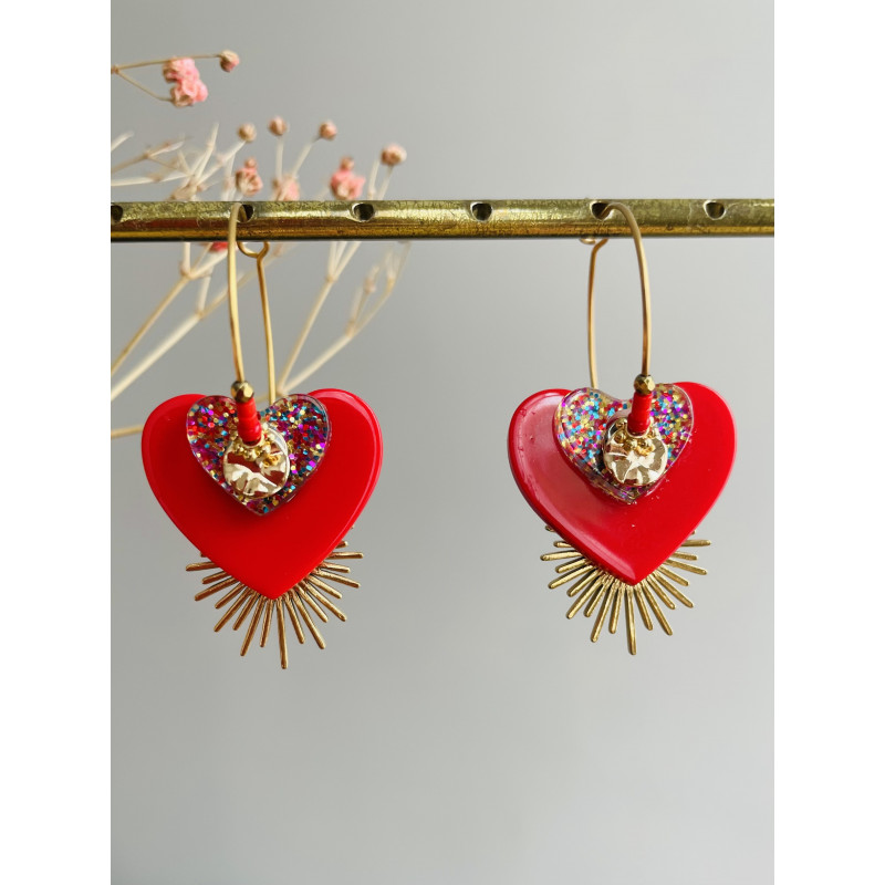Créoles Coeur à paillettes rouge