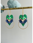 Créoles "Coeurs Gingko verts et bleus"
