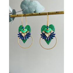 Créoles "Coeurs Gingko verts et bleus"