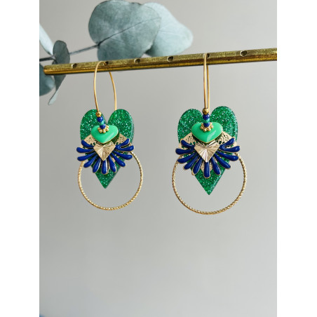 Créoles "Coeurs Gingko verts et bleus"