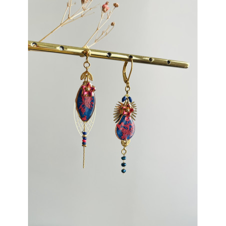 Boucles d'oreilles "Fleuries bleues roi et roses"
