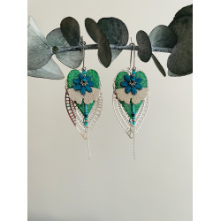 Créoles argentées "Coeur Fleuri" vertes et turquoises