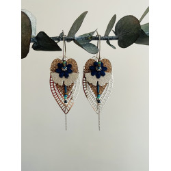 Créoles argentées "Coeur Fleuri" bleu marine et café glacé