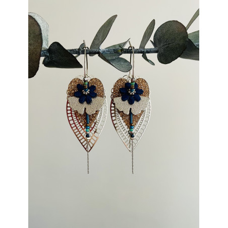 Créoles argentées "Coeur Fleuri" bleu marine et café glacé