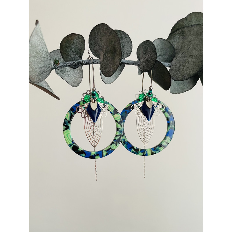 Créoles "Perroquet Perché" vert et bleu