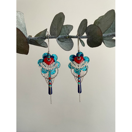 Créoles "Fleur Inca" turquoise et rouge