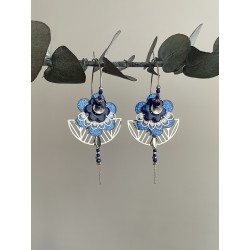 Créoles "Fleur Demi-lune art déco" bleues