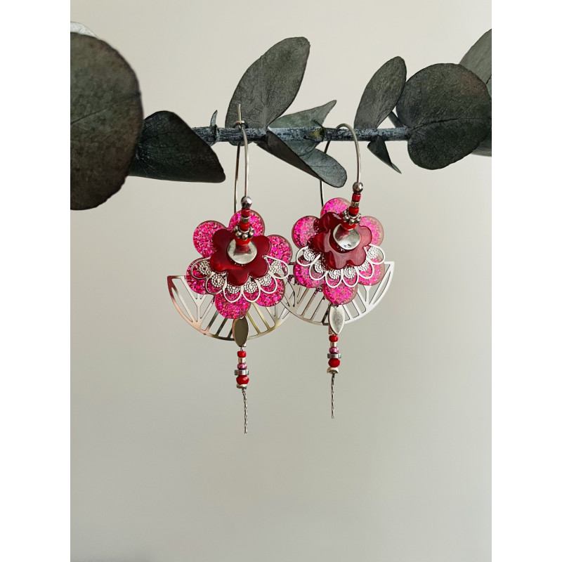 Créoles "Fleur Demi-lune art déco" roses