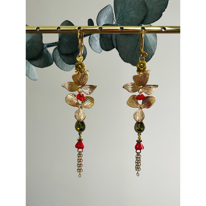 Dormeuses "Cascade Fleurie" rouges et vertes