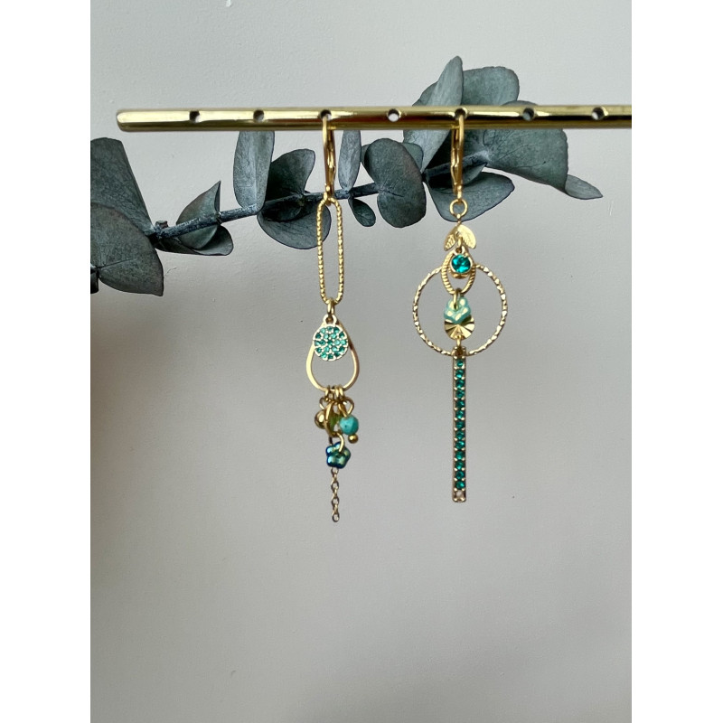 Dormeuses " Strass et Paillettes" asymétriques bleues turquoises