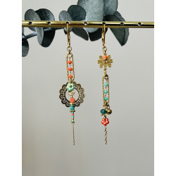 Dormeuses "Romantique Flowers asymétriques" orangé et bleu