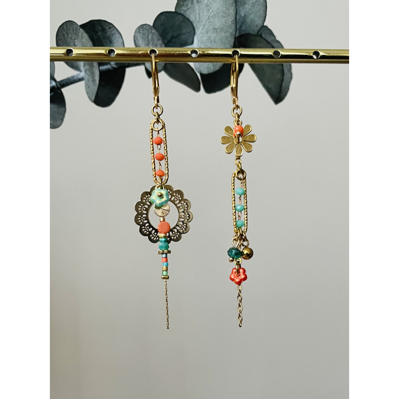 Dormeuses "Romantique Flowers asymétriques" orangé et bleu