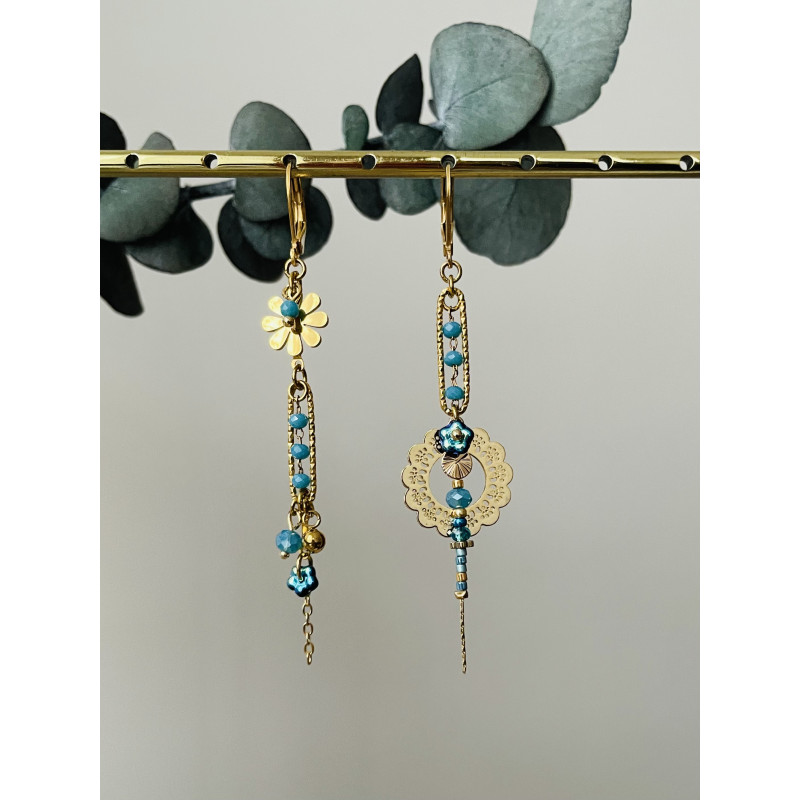 Dormeuses "Romantique Flowers asymétriques" bleu