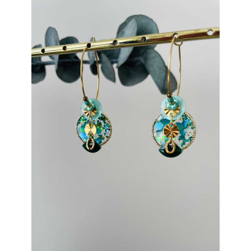 Créoles "Bouton Paillette" bleu turquoise