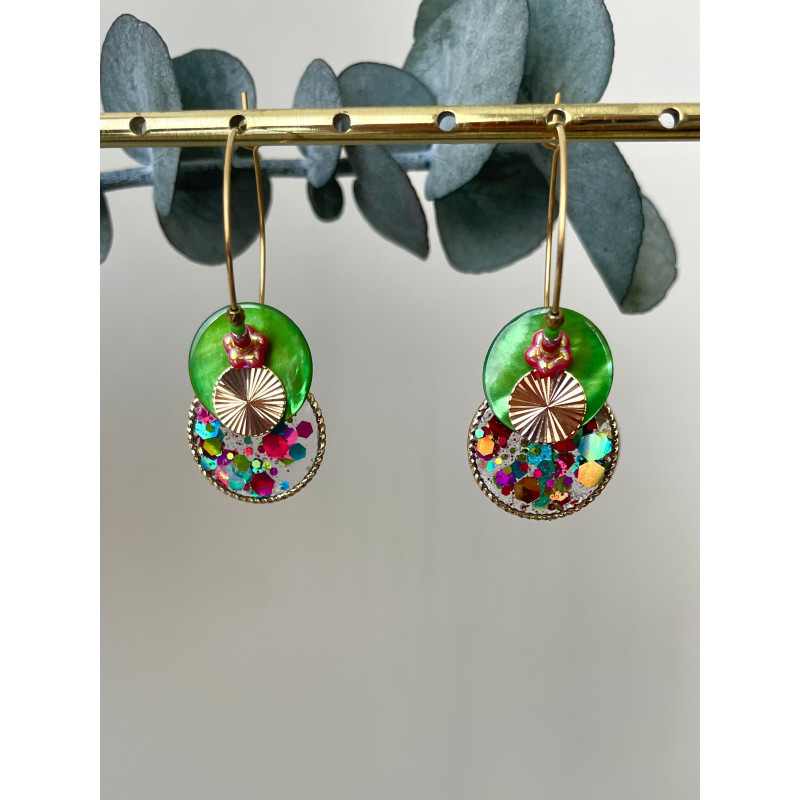 Créoles "Bouton Paillette" vertes et rouges