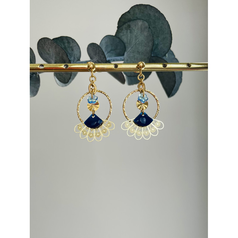 Dormeuses "Mini éventail bohème" bleues