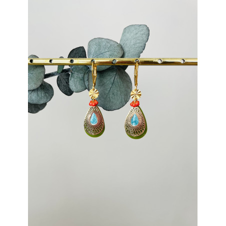 Dormeuses "Gouttes mini fleurs" oranges et bleues