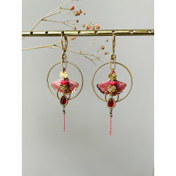 Dormeuses "Gingko funambule" roses et rouges