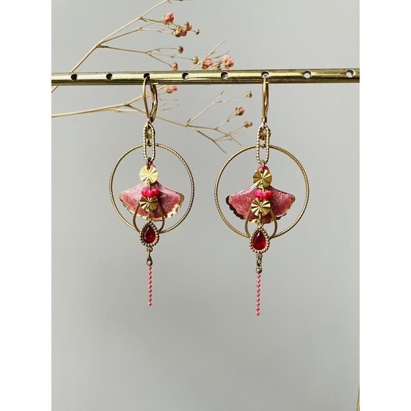 Dormeuses "Gingko funambule" roses et rouges