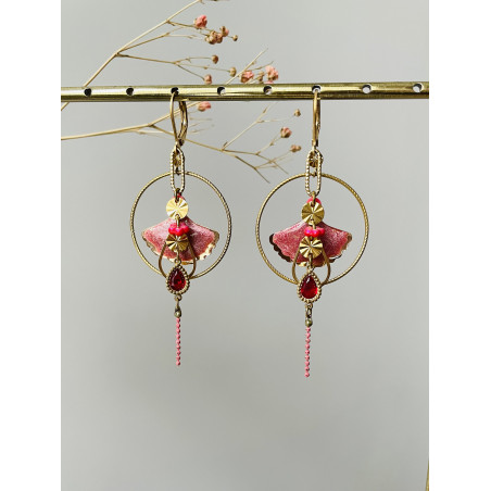 Dormeuses "Gingko funambule" roses et rouges