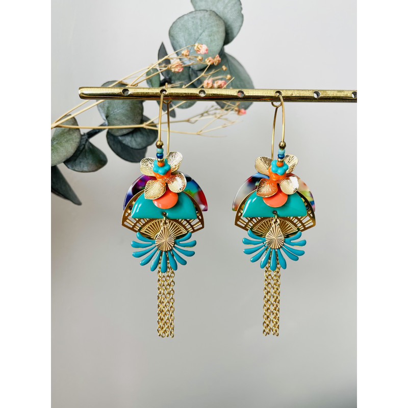 Créoles "Tropical Flowers" turquoise et orange