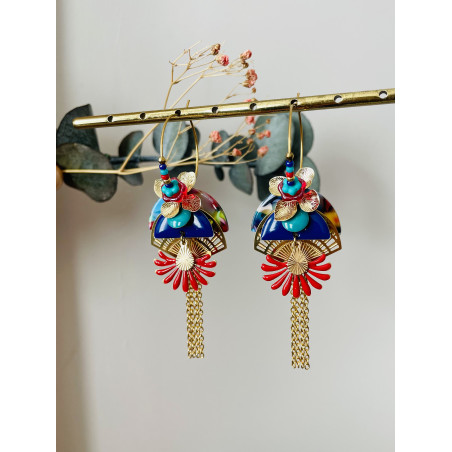Créoles "Tropical Flowers" bleu et rouge