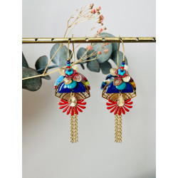Créoles "Tropical Flowers" bleu et rouge